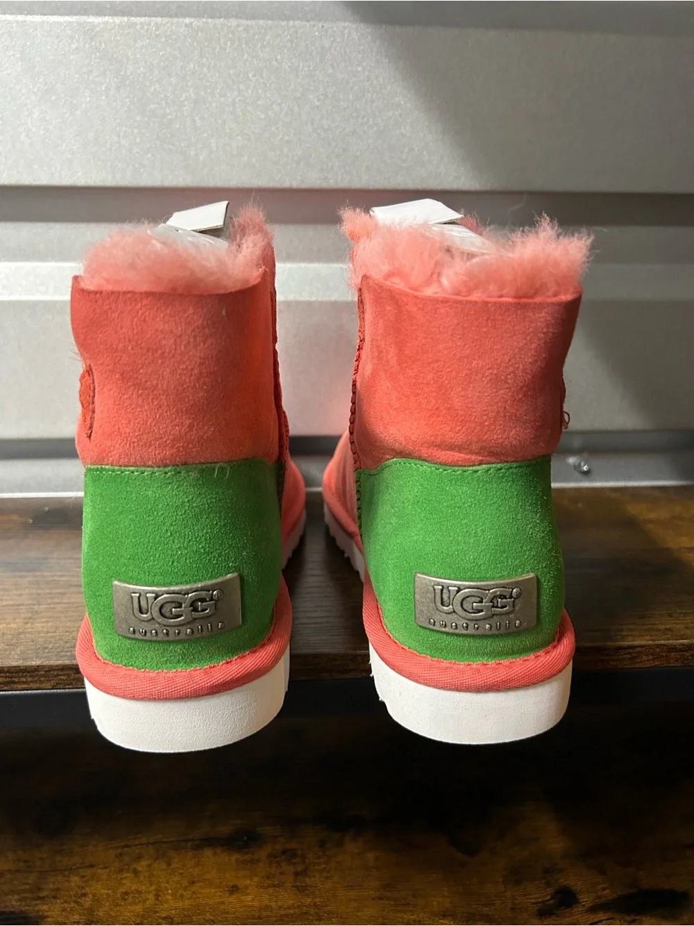 UGG Australia Mini Bailey Button Neon Women’s Ankle Bootie Suede Orange/Green 7